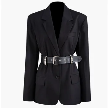 

Rivet Buckle Women's Blazers Jacket Autumn Winter Long Sleeve Jackets Notched Outerwear Black Long Sleeve Cardigan Tops Coat
