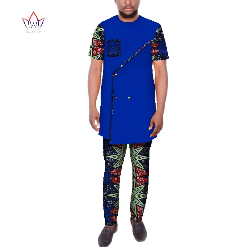 Дашики Мужская африканская одежда двубортный топ рубашки и брюки наборы Базен Riche африканская одежда мужские 2 шт брюки наборы WYN93 - Цвет: 14