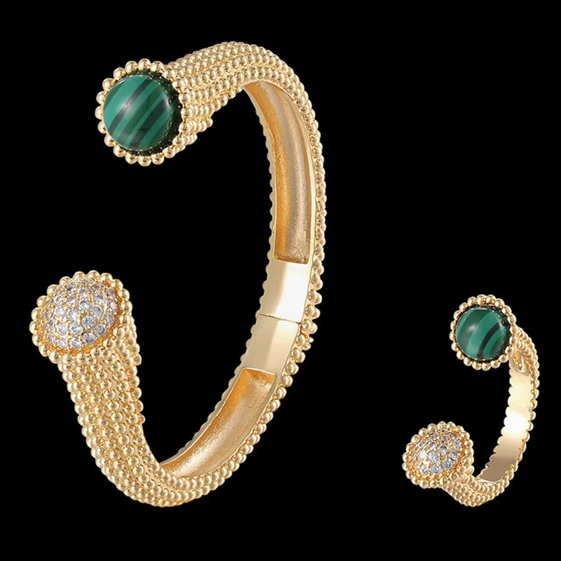 gold green Zlxgirl золотой свадебный Цветной Медный браслет, браслет с кольцом, ювелирные наборы, красивые женские новогодние подарочные браслеты из Дубаи - Окраска металла: gold green