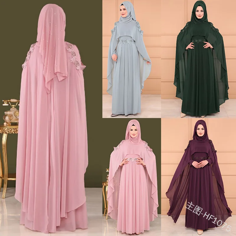 

Arab Dubai Folk Lace Dress Fashion Print Long Sleeve Cloak Big Swing Splice Chiffon Dresses Flapper Runway Waterfall Maxi Dress