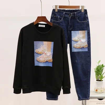 Black Осенний свободный джинсовый свитер; Модный комплект для женщин; маленькие туфли с бусинами; свитшоты с принтом+ джинсы с эластичной резинкой на талии; женский костюм из двух предметов - Цвет: Black