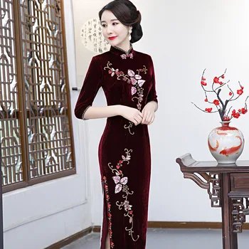 

Sexy Long Slim lady Cheongsam Exquisite Beads Chinese Dress Vintage Velour Vestidos Traditional Half Sleeve Qipao Plus Size 4XL