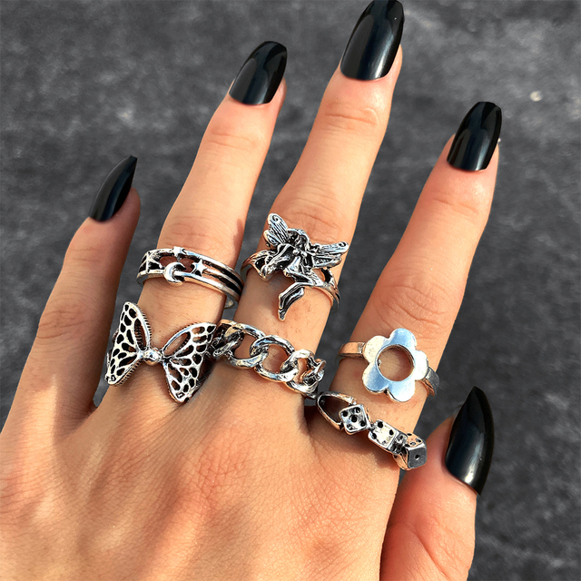 Gothic Heart Ring Set for Women Flame Pentagram Vintage Spades Ace Silver Plated Retro Charm Billiards Finger Jewelry