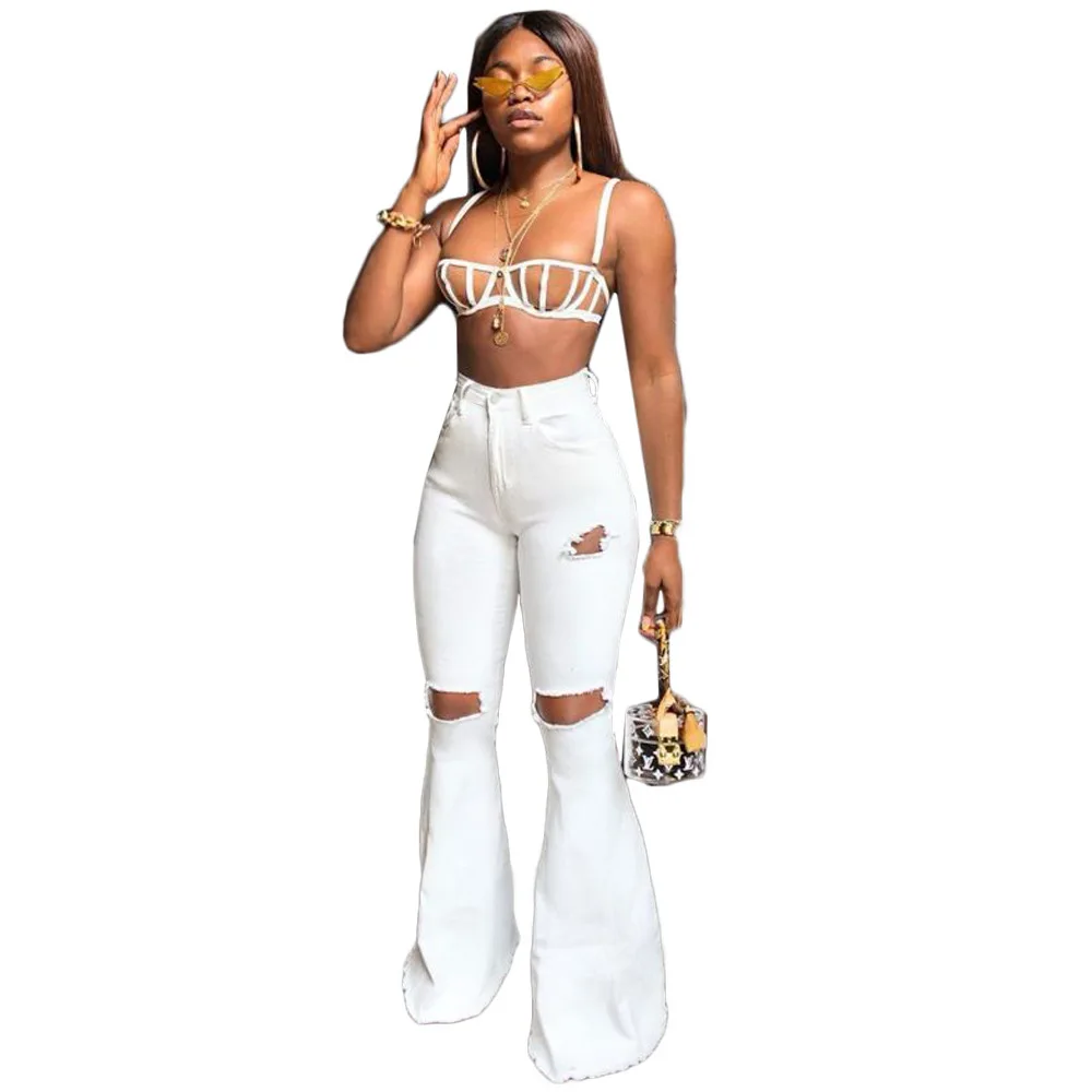 Vintage Hole Woman Flare Jeans Fashion Ripped Long Female Denim Trousers High Waist Bleached Mom Pants S 2XL| |