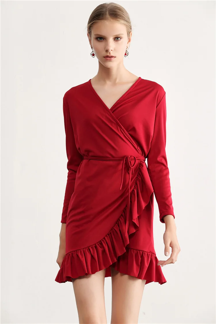 

2019 Europe And America WOMEN'S Dress Sexy Deep V Flounced Lace-up Dress Dress