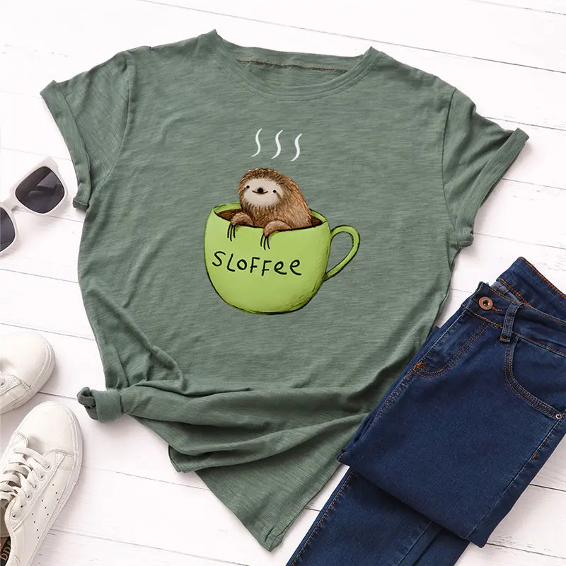 Женская футболка хлопок размера плюс короткий рукав милый Ленивец и кофе принт Женская мода футболка o-образным вырезом harajuk топы тройники Femme - Цвет: Зеленый