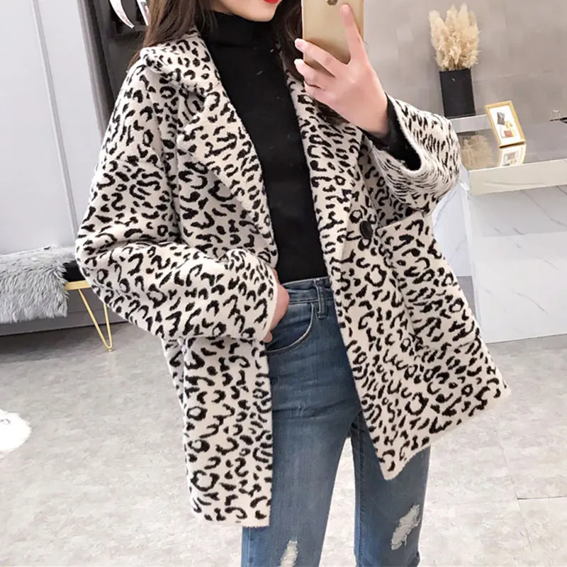 DISIAMAN plus size leopard coat faux fur jacket winter clothes women double-breasted knit chunky ladies sweaters long cardigan