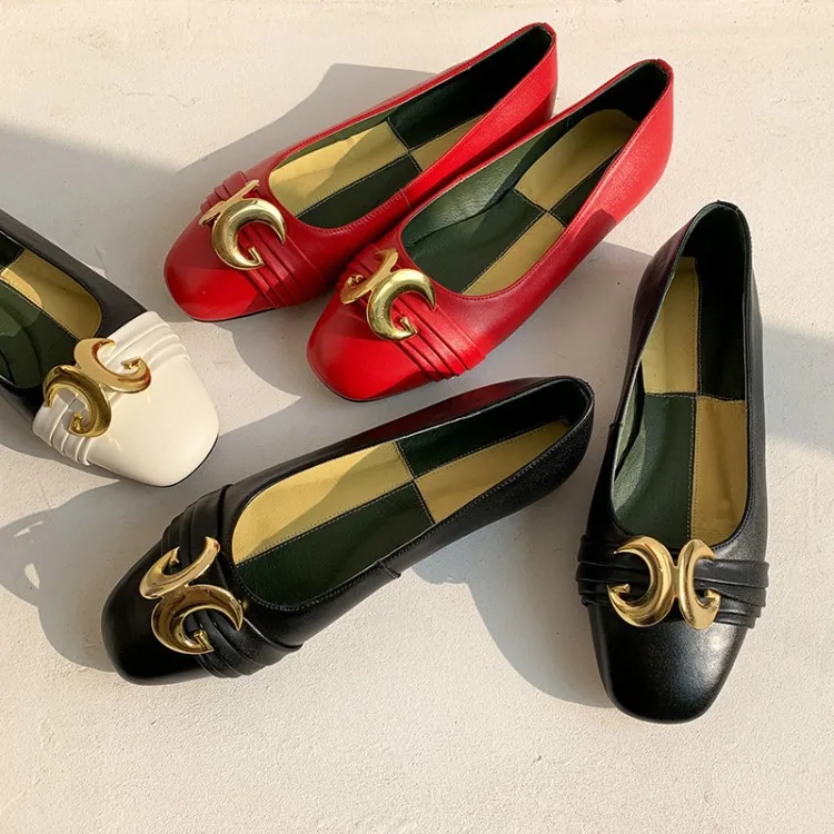 

2020 Spring G Home Metal Fastener Flat Keel Thin Shoes Women's Full-grain Leather Square Head Sweet Fashion WOMEN'S Shoes