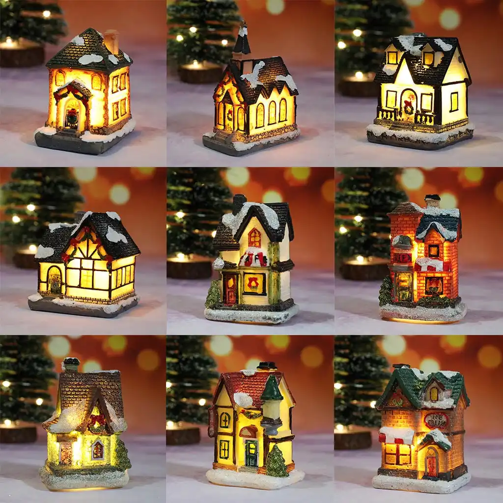 A Crazypig Christmas Resin Miniature House Furniture with LED Lights House Decoration Creative Home Decor Gift