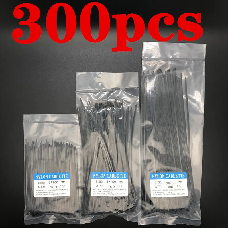 Оригинальный 300 шт. 3x100 150 200 мм Tyrap Ассорти самоблокирующиеся Нейлоновые кабельные