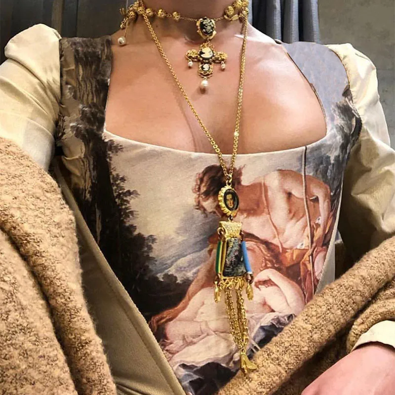 Angel Retro Vest Women's Square Neck Printed Slim Short Top Sexy Halter Irregular Hem Ladies Street Wear Party Wear