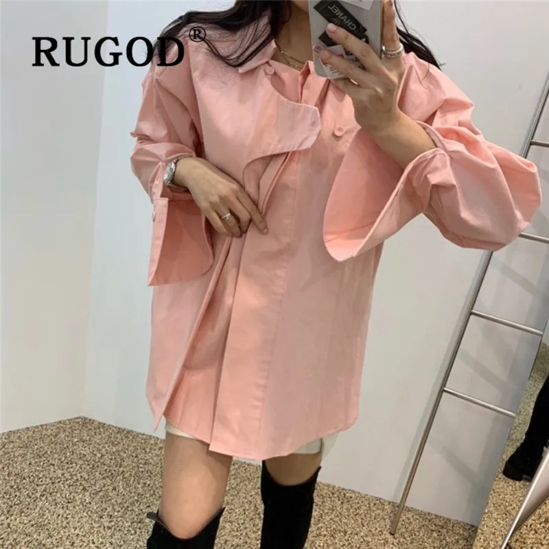 RUGOD Весенняя однотонная Элегантная блузка женские блузки с длинным рукавом корейская модная одежда женские рубашки длинная рубашка отложной воротник