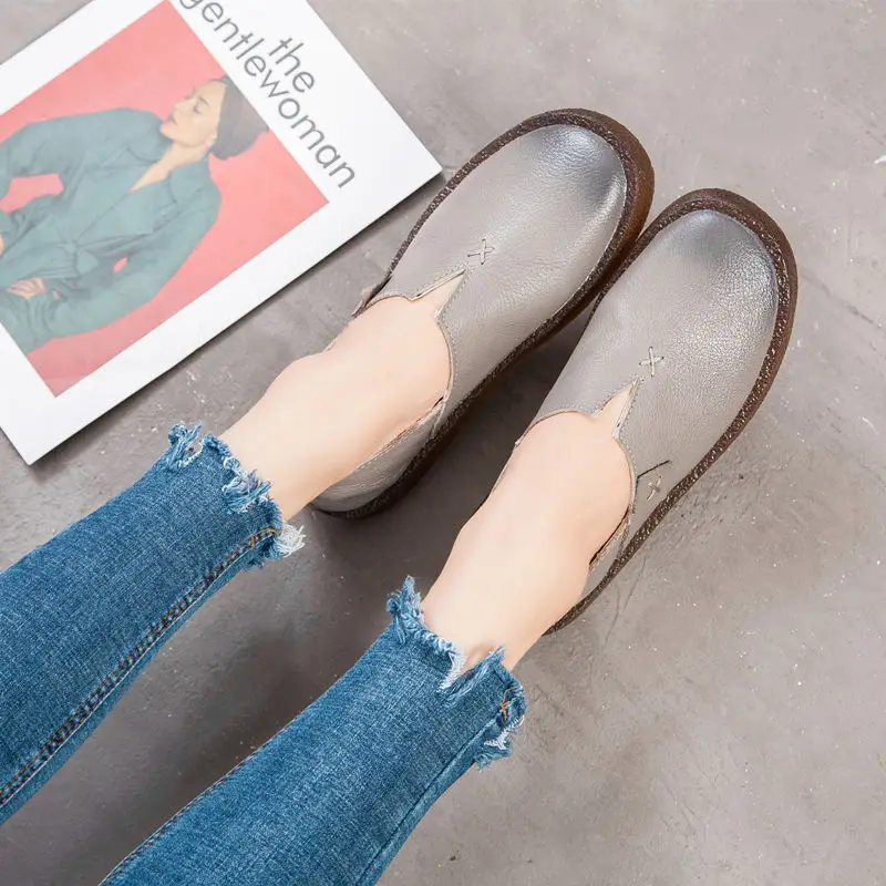 Women Shoes Spring Summer Flat Loafers Genuine Leather Slip on Casual Shoes for Women Vintage Hand Made Flats High Quality