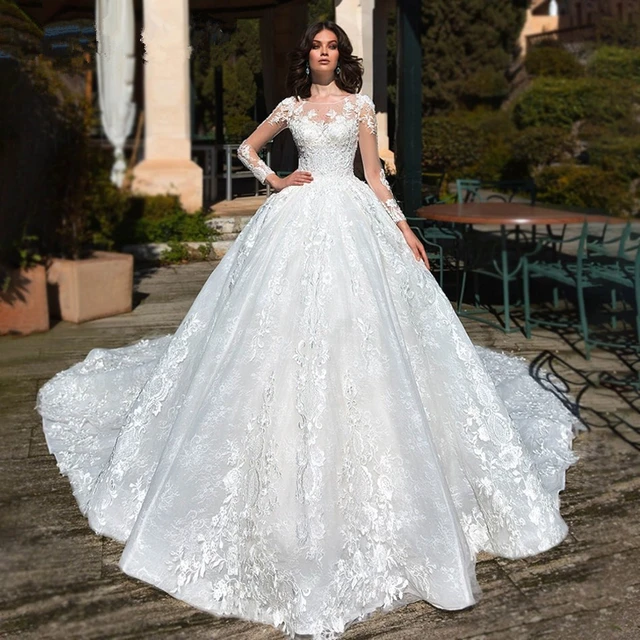 Graceful Lace Ball Gown Wedding Dresses Scoop Neck Beaded Long Sleeves  Bridal Gowns Sequined Organza Sweep Train robes de mariée - AliExpress