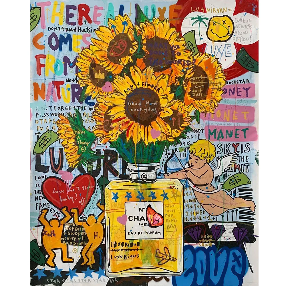 Canvas Painting Perfume Bottle And Sunflower Street Graffiti Art Poster Print Wall Picture For Living Room Home Decor Canvas Painting Perfume Bottle And Sunflower Street Graffiti Art Poster Print Wall Picture For Living Room Home Decor