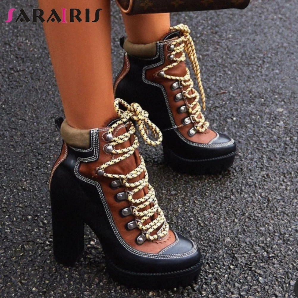 

SARAIRIS New INS mixed-color High Booties Ladies lace-up Platform Ankle Boots Women 2020 Street Wide High Heels Shoes Woman