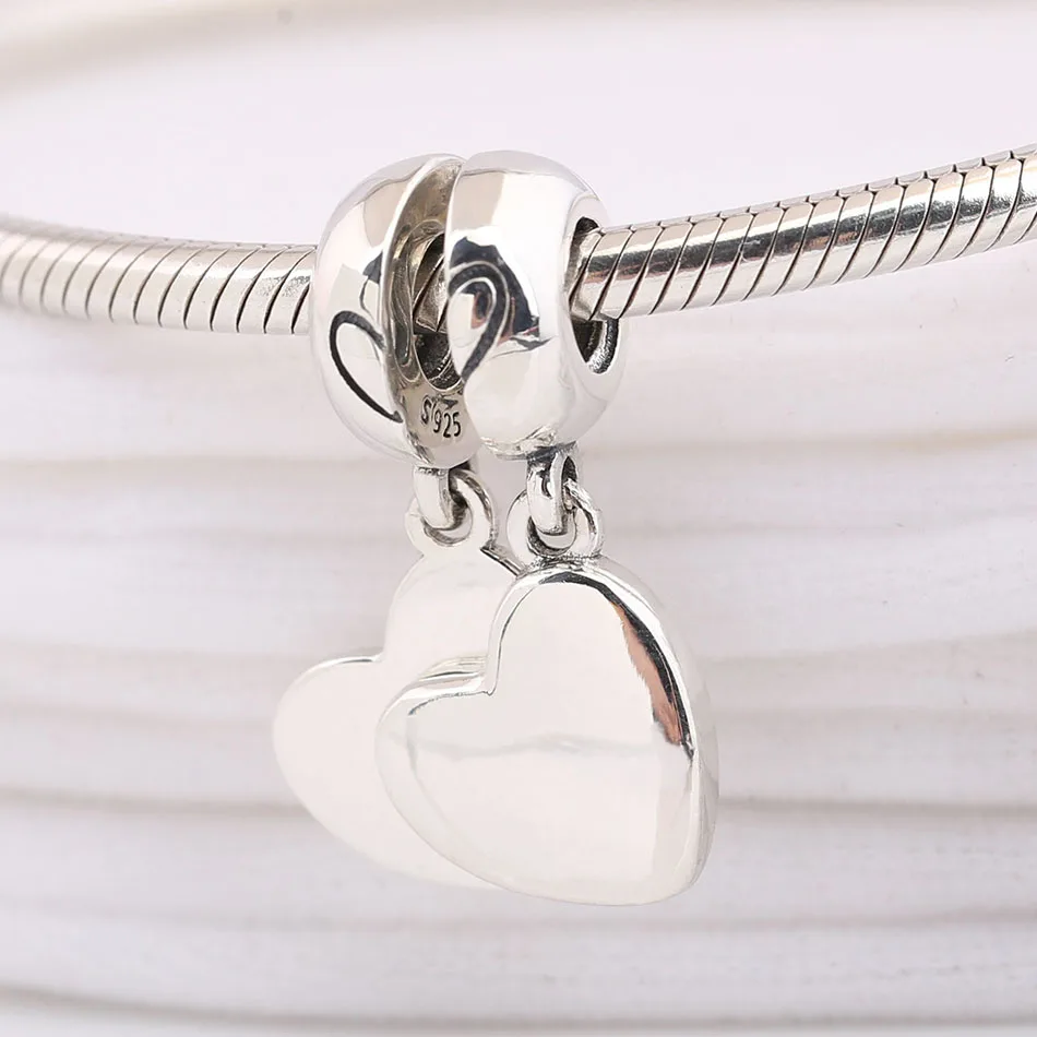 Authentic 925 Silver Pendant Enamel Two-part Mother& Son Love Heart Dangle Charm fit Pandora Bracelet Bangle DIY Jewelry