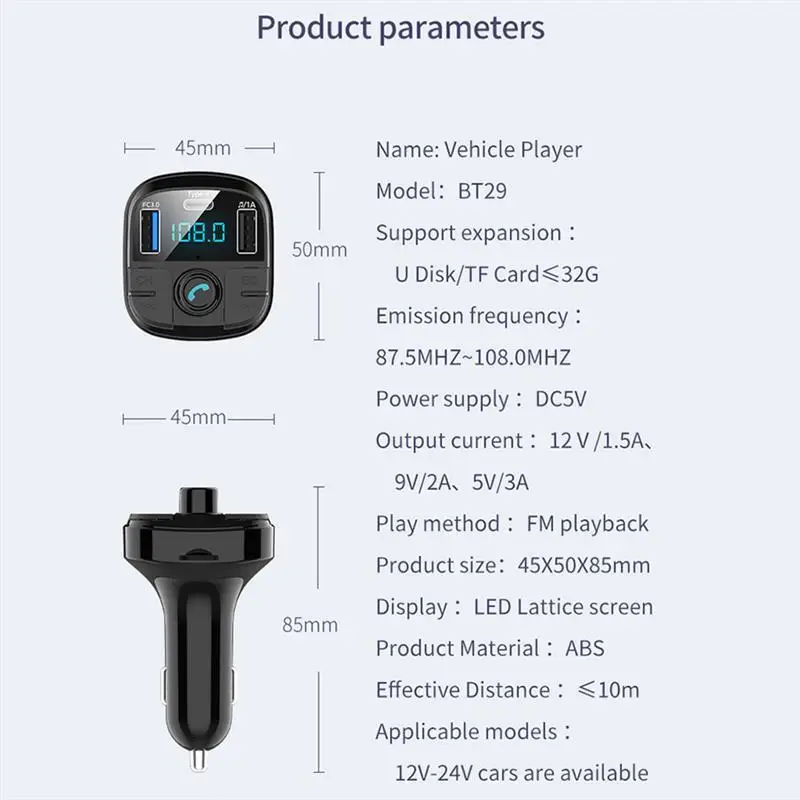 BT29 Bluetooth 5.0 Fm Transmitter Car Kit MP3 Modulator Car Charger QC3.0 Double USB With LED Lattice screen EQ Mode