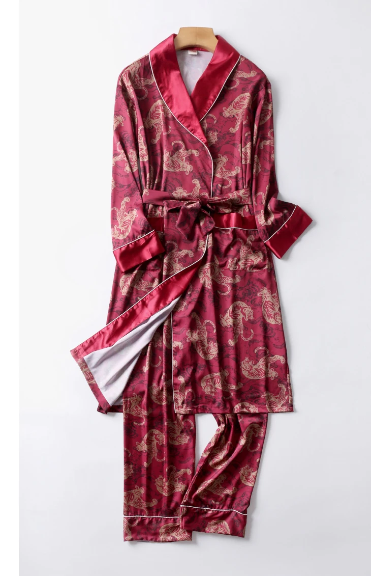 robe pants set 8 Банный халат для мужчин; комплект из двух предметов; ночная рубашка; атласная Мужская одежда для сна; свободный халат с длинными рукавами и длинные брюки; банный халат для мужчин - Цвет: robe pants set 8