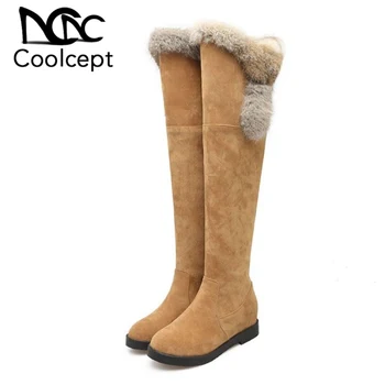

Coolcept 2020 New Over The Knee Boots For Women Winter Warm Fur Long Boots Solid Color Round Toe Flats Shoes Woman Size 34-43