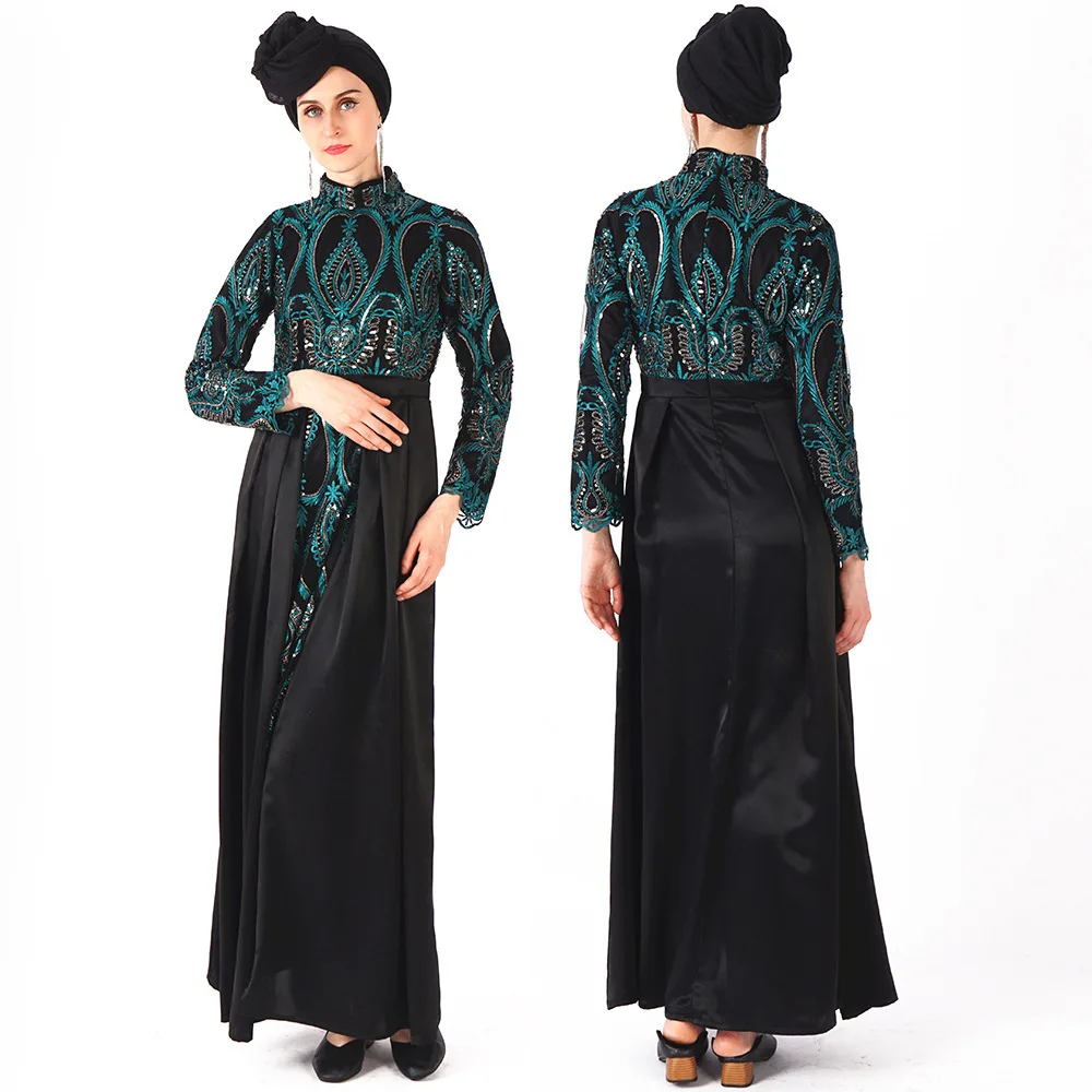 

High quality Muslim Sequin Embroidery Long Abaya Dress 2020 Luxury Arab Dubai Longsleeve Slim Waist Embroidered Dress
