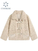 FAKUNTN Lamb Wool 2021 Winter Women Fleece Jacket Thick Warm Fashion Sweet Retro Loose Lapel Overcoat Female Plush Faux Rabbit