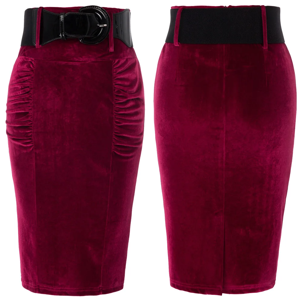 Женская юбка карандаш с завышенной талией разрезом сзади и широким поясом