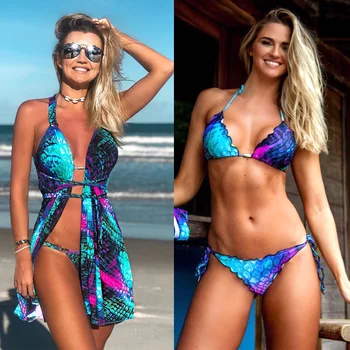 

Gradient Fish Scale Mermaid Print Hanging Neck Strap Bikini Outerwear Three-Piece Female Lotus Leaf Tether Bikini