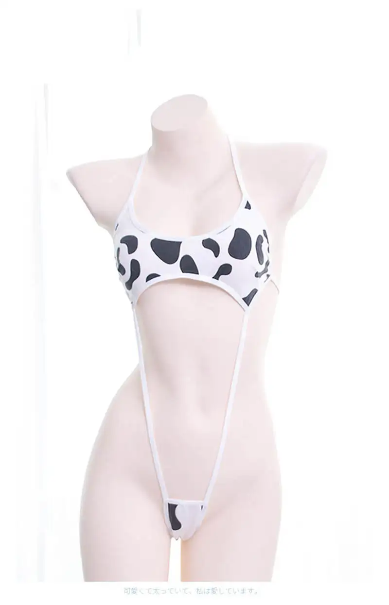 Milk Cow Print Милое женское нижнее белье с принтом коровы, сексуальный комплект, эротический Цельный купальник с бретельками на шее и открытой спиной, бикини, сексуальные костюмы для косплея - Цвет: Milk Cow Print