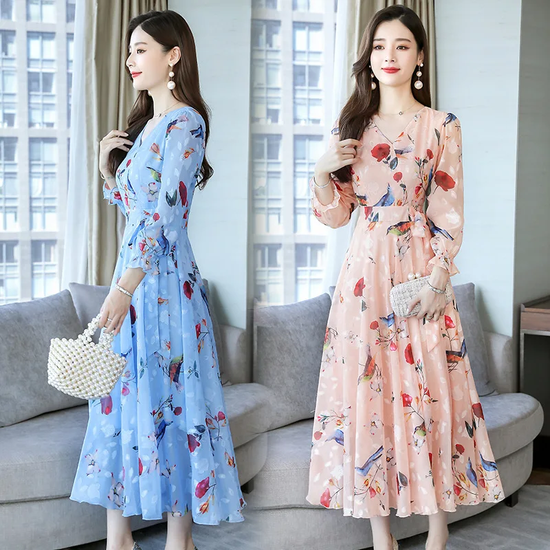 

Very Fairy of Chiffon Long Dress Women's 2019 Popular Early Autumn New Style Summer Skirt Waist Hugging Slimming Medium-length D