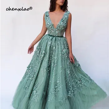 

2019 New 3D Floral Long Evening Dress V Neck Sleeveless Appliqued Tulle Prom Dresses Green Open Back Elegant Party Wear Custom