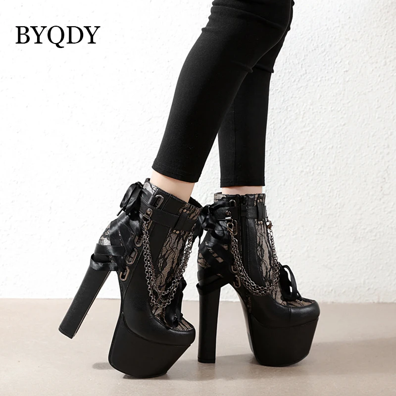 Najtaniej BYQDY Sexy łańcuchy luksusowe kobiece buty zimowe grube szpilki platformy botki krótkie pluszowe USA botki motocyklowe hurtownie