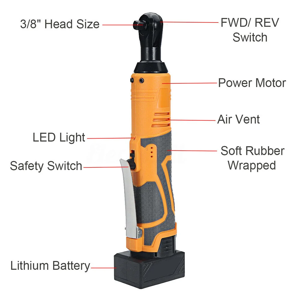 

3/8" 42V 350RPM Electric Cordless Ratchet Right Angle Wrench 3/8in Tool + 1Pc Li-ion Battery US/UK/EU/AU
