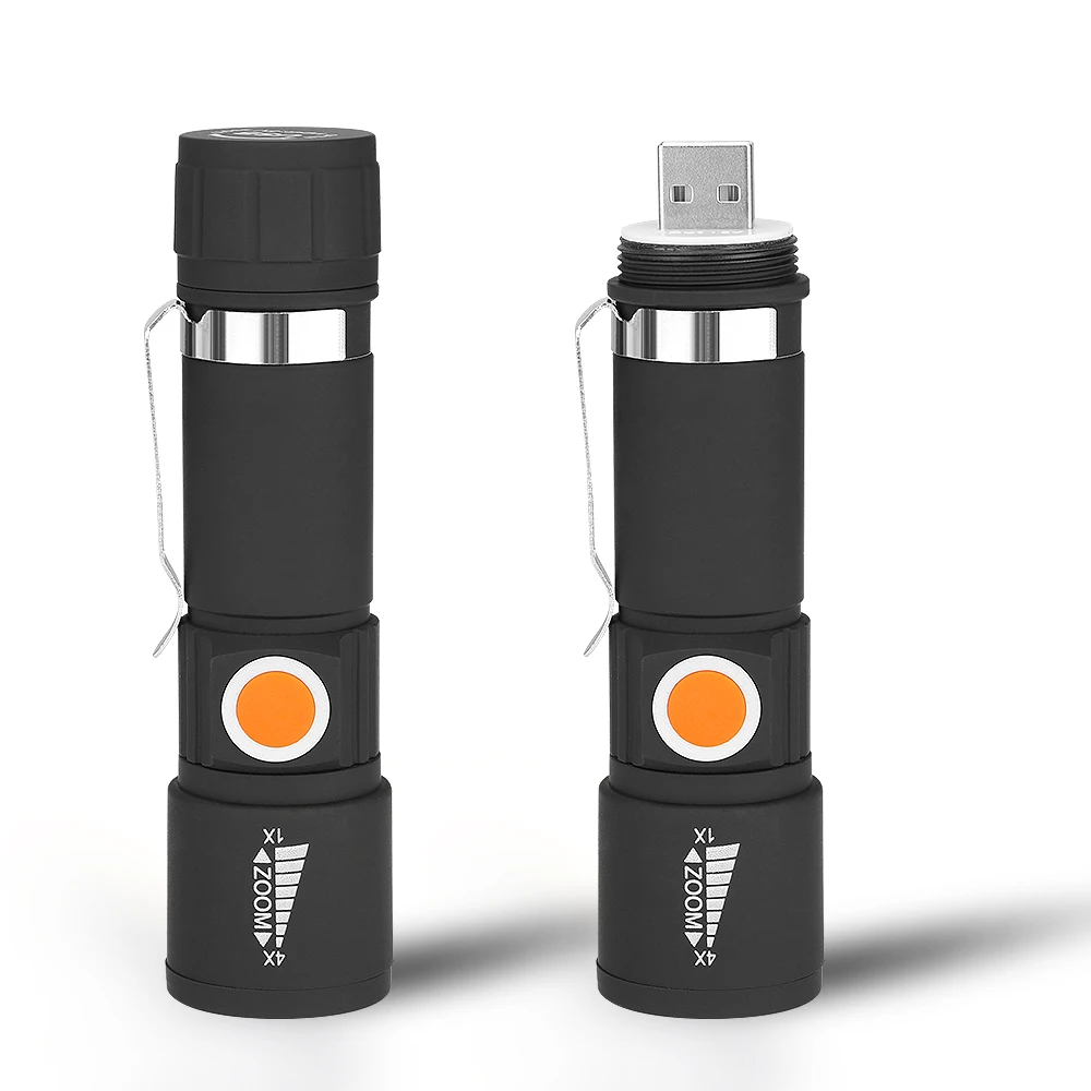 Tail USB Flashlight Highlight Handy Powerful LED 3 Modes Mini Flashlight Waterproof Zoomable Focus Torch USB Charging Lighting