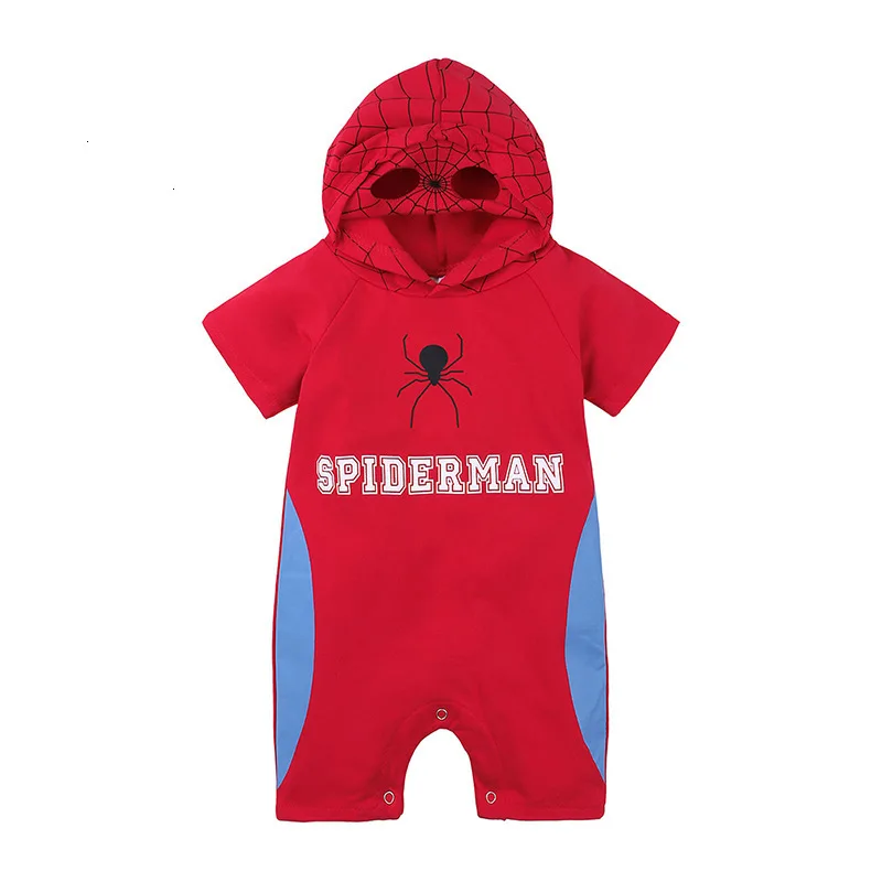 Летняя одежда для новорожденных девочек с супергероями Ropa Bebe, комбинезон с капюшоном и короткими рукавами для детей от 6 до 18 месяцев, хлопковый комбинезон для маленьких мальчиков, комбинезон, костюм