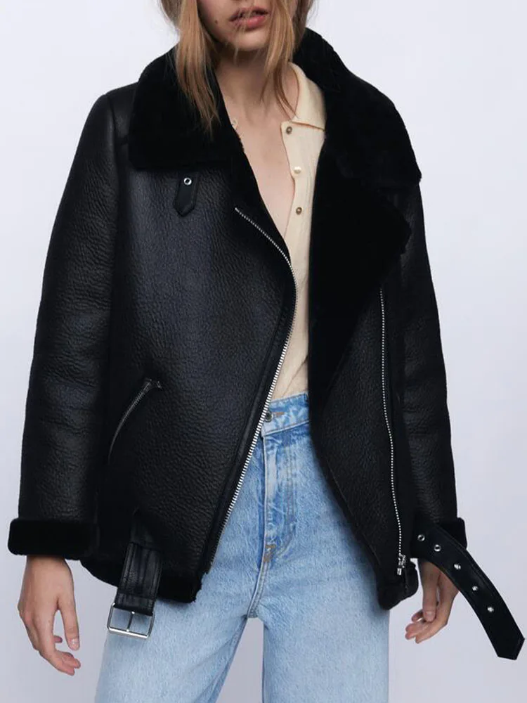 

ZA autumn new women's fashion all-match boyfriend style lapel zipper double-sided locomotive style imitation leather thick coat