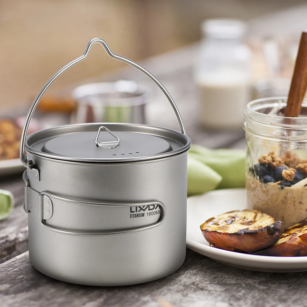  Lixada 1600ml Titanium Pot Ultralight Portable Hanging Pot with Lid and Foldable Handle Outdoor Cam