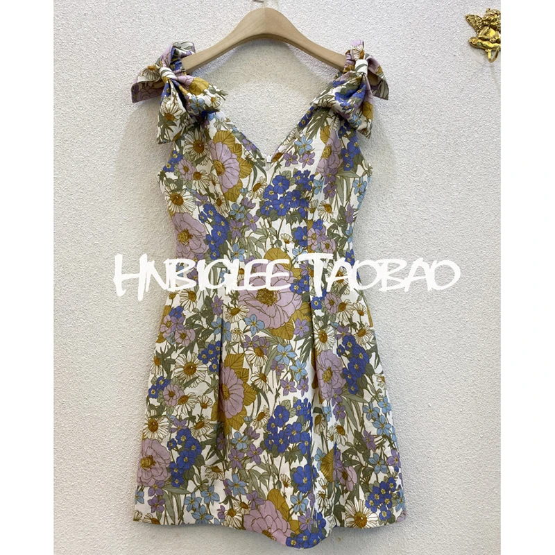 

Ziwwshaoyu 2020 Summer Beach Style Flower Print Bow Tank Cotton Linen Mini Dresses Women's High Quality Clothing