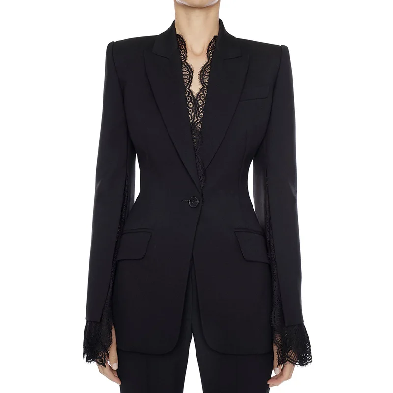 

HIGH QUALITY Office Ladies Blazer Jacket Female 2019 Autumn Winter New Split Lace Sleeves One Button Black White Women Blazer