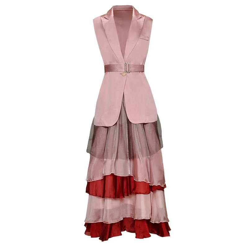 

Goodlishowsi Autumn Elegant Intellect Women Sets One Button V-Neck Pink Suits Vest Tops + Ruffles Ball Gown Skirt Co-ords