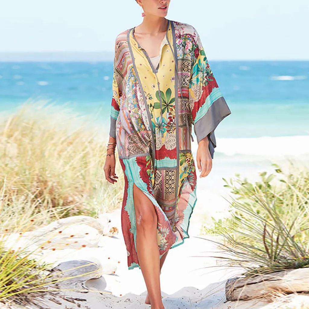 Boho Dress Women Plus Size V Neck Print Long Sleeve Party Maxi Dress Loose dresses woman party night beach dress New Vestidos