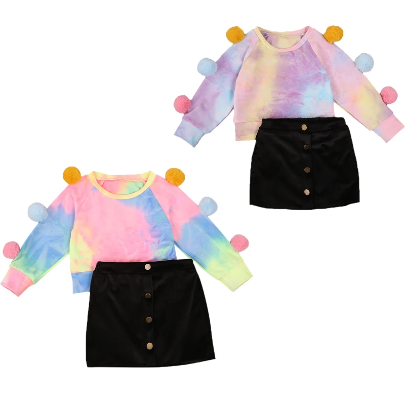 FOCUSNORM Fashion Lovely Kids Baby Girls Clothes Sets Tie-Dye Printed Balls Long Sleeve Pullover Sweatshirt Tops +A-Line Skirts | Детская
