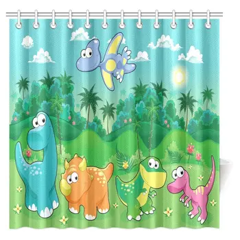 

Cartoon Animal Decor Shower Curtain, Dinosaur Cartoon Animal Bathroom Shower Curtain with Hooks,Extra Long