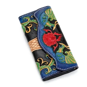 

100% Hand Engraved Genuine Leather Peacock Designer Women Large Clutch Bag Lady Long Blue Wallet Zipper Pocket Female Card Purse