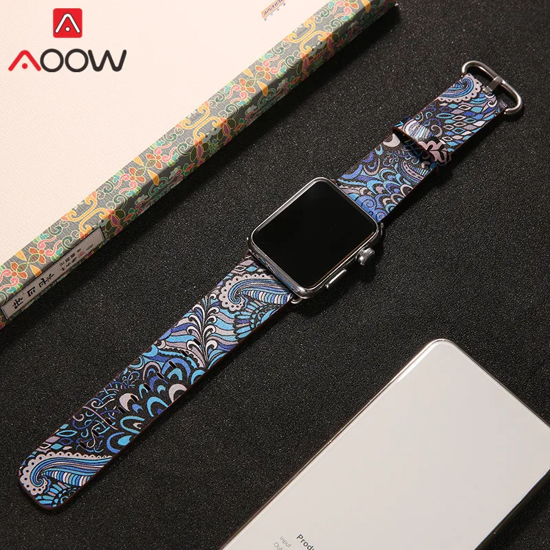Кожаный ремешок для часов Apple Watch 38 мм 42 мм 40 мм 44 мм цветочный ремешок с цветочным принтом Национальный Стиль Браслет ремешок для iwatch 1 2 3 4
