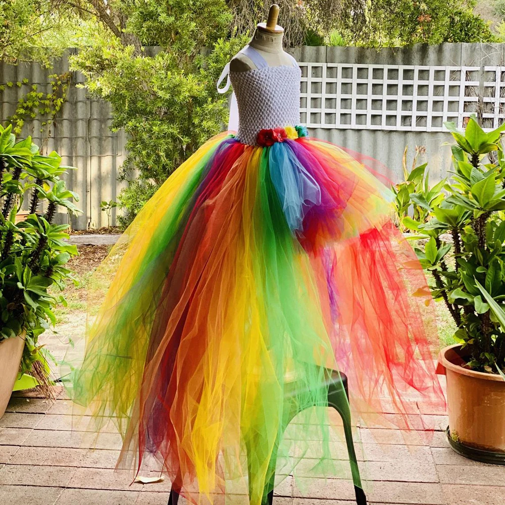 Baby Meisjes Regenboog Kleur Trailing Tutu Jurk Kinderen Gehaakte
