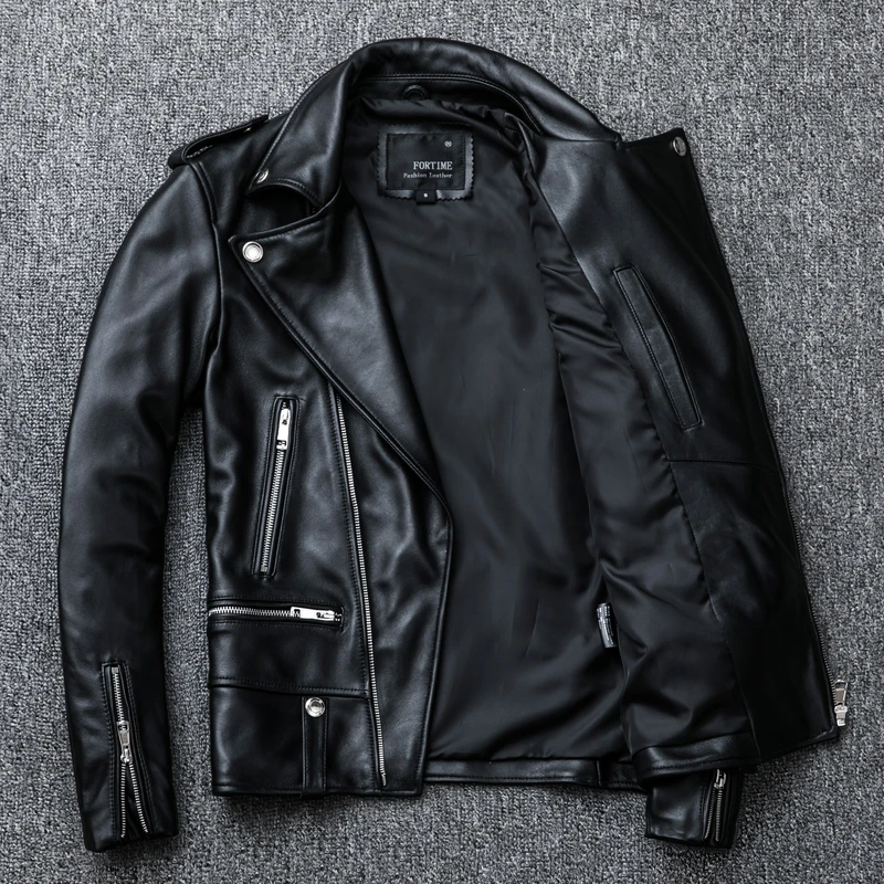 Fashion men real leather jacket classic cool biker sheepskin coat quality slim outwear motor clothes