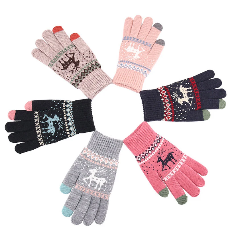 

Cute Christmas Snowflake Gloves Men Women Winter Knitt Touch Screen Elk Acrylic Velvet Thick Korean Pop Warmth Riding Gloves