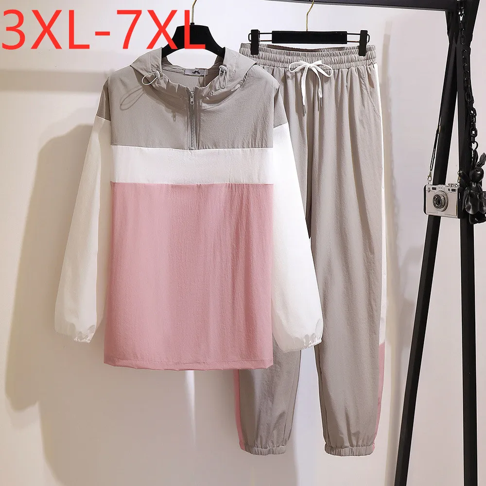 new-2023-spring-autumn-plus-size-sports-sets-for-women-large-loose-pink-hoodie-and-long-pants-training-suit-3xl-4xl-5xl-6xl-7xl