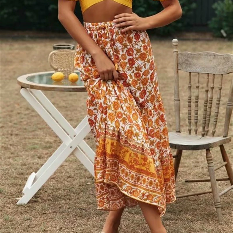 Boho chic Женская модная летняя юбка хиппи сетка вышитая желтая с цветочным принтом Пляжная богемная юбка женская негабаритная
